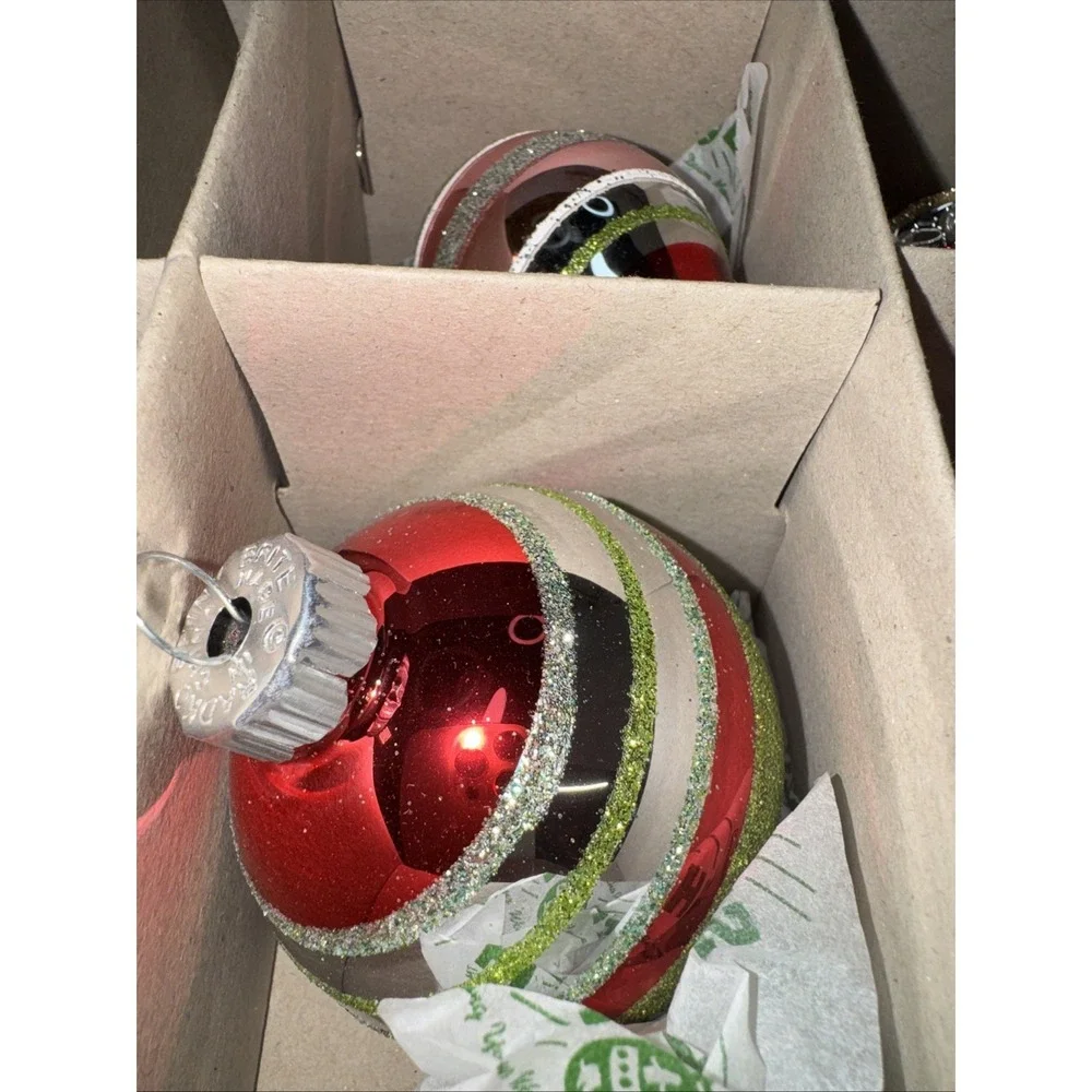 Christopher Radko SHINY BRITE Glass Ornaments Set of 9 Indents‎ Bells Striped